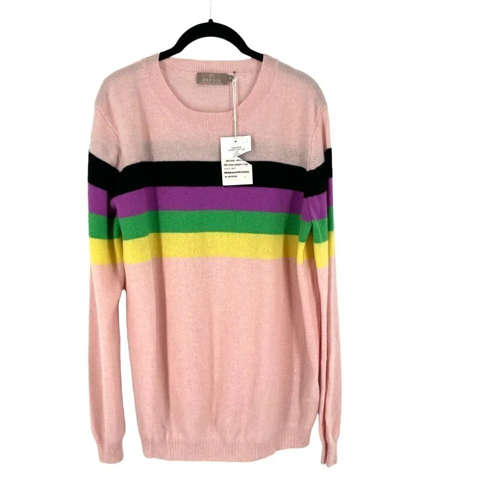 NWT Brodie Cashmere Hill Pink Rainbow Stripe Long Sleeve Pullover Crew Sweater M - Picture 4 of 10